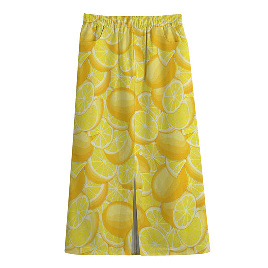 Yellow Lemon Pattern Print Cotton Front Slit Maxi Skirt