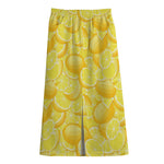 Yellow Lemon Pattern Print Cotton Front Slit Maxi Skirt
