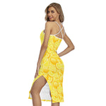 Yellow Lemon Pattern Print Cross Back Cami Dress