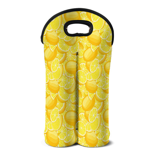Yellow Lemon Pattern Print Double Neoprene Wine Tote