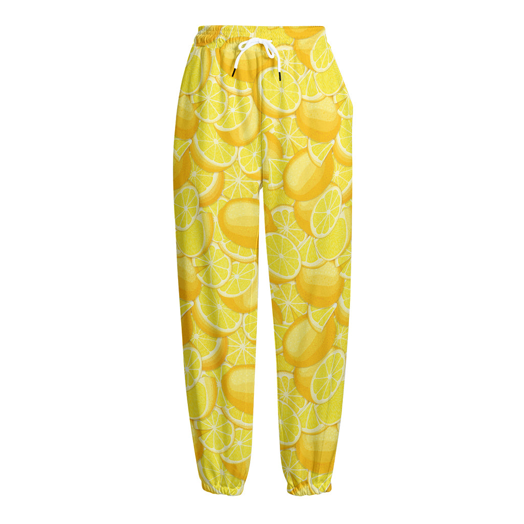 Yellow Lemon Pattern Print Fleece Lined Knit Pants