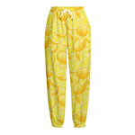 Yellow Lemon Pattern Print Fleece Lined Knit Pants