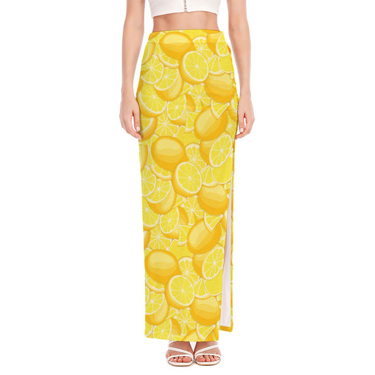 Yellow Lemon Pattern Print High Slit Maxi Skirt