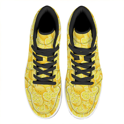 Yellow Lemon Pattern Print High Top Leather Sneakers