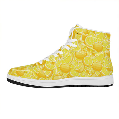 Yellow Lemon Pattern Print High Top Leather Sneakers