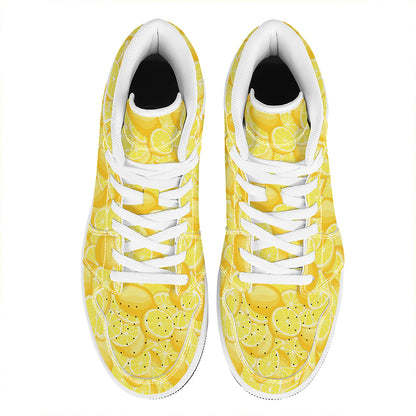 Yellow Lemon Pattern Print High Top Leather Sneakers