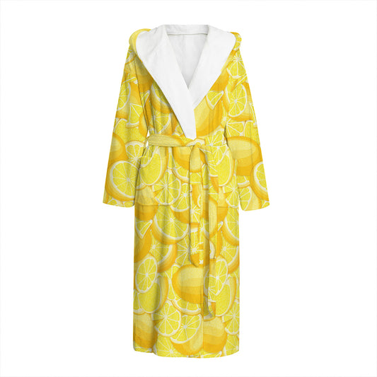 Yellow Lemon Pattern Print Hooded Bathrobe