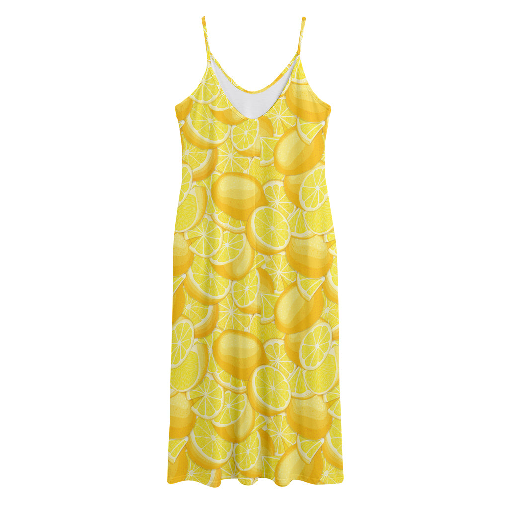 Yellow Lemon Pattern Print Jersey Midi Cami Dress