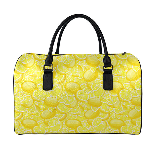 Yellow Lemon Pattern Print Leather Duffle Bag