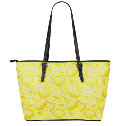Yellow Lemon Pattern Print Leather Tote Bag