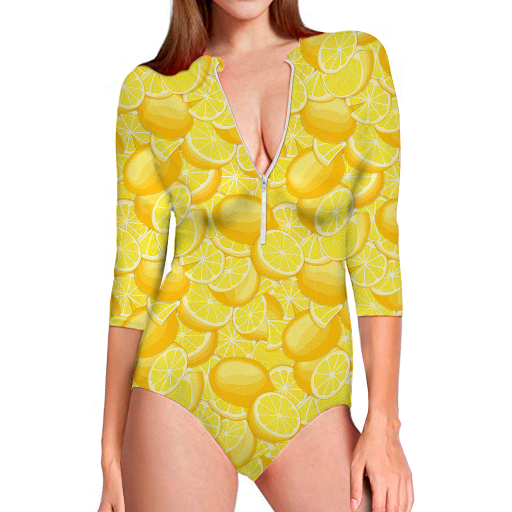 Yellow Lemon Pattern Print Long Sleeve Swimsuit