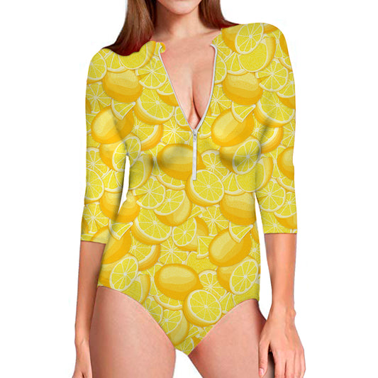 Yellow Lemon Pattern Print Long Sleeve Swimsuit