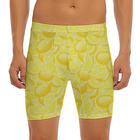 Yellow Lemon Pattern Print Men's Long Boxer Briefs