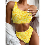 Yellow Lemon Pattern Print One Shoulder Bikini Top