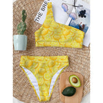 Yellow Lemon Pattern Print One Shoulder Bikini Top