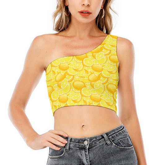 Yellow Lemon Pattern Print One Shoulder Crop Top