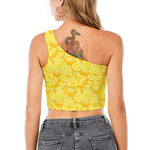 Yellow Lemon Pattern Print One Shoulder Crop Top