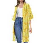 Yellow Lemon Pattern Print Open Front Beach Cover Up