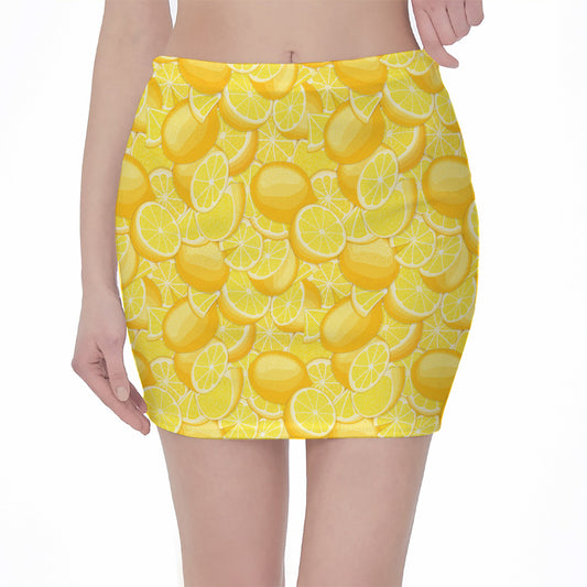 Yellow Lemon Pattern Print Pencil Mini Skirt