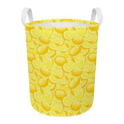 Yellow Lemon Pattern Print Round Laundry Basket
