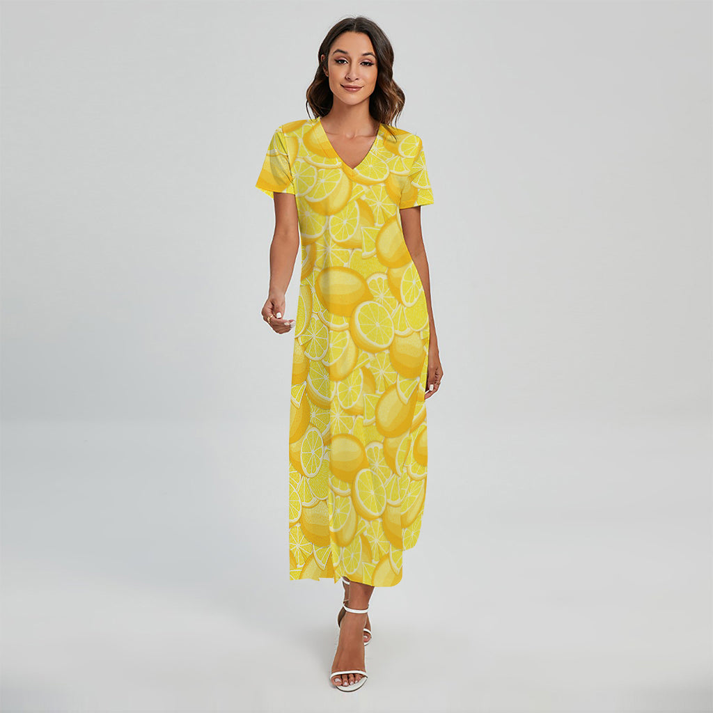 Yellow Lemon Pattern Print Short Sleeve Maxi Dress
