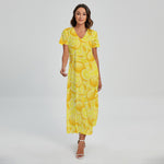 Yellow Lemon Pattern Print Short Sleeve Maxi Dress