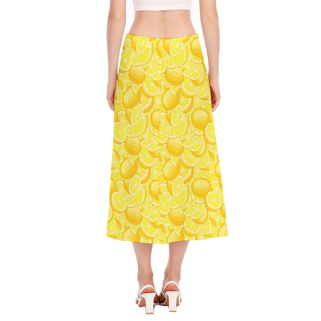 Yellow Lemon Pattern Print Side Slit Midi Skirt