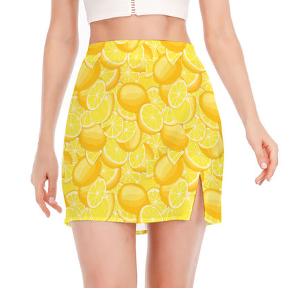 Yellow Lemon Pattern Print Side Slit Mini Skirt