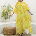 Yellow Lemon Pattern Print Silk V-Neck Kaftan Dress
