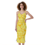 Yellow Lemon Pattern Print Slim Fit Midi Cami Dress