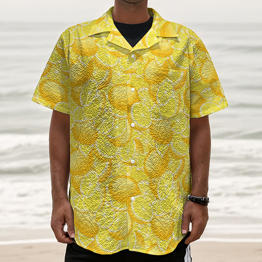 Yellow Lemon Pattern Print Textured Short Sleeve Shirt