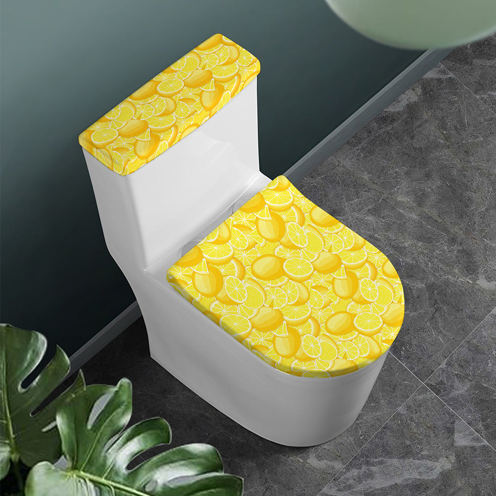 Yellow Lemon Pattern Print Toilet Lid And Tank Cover Set