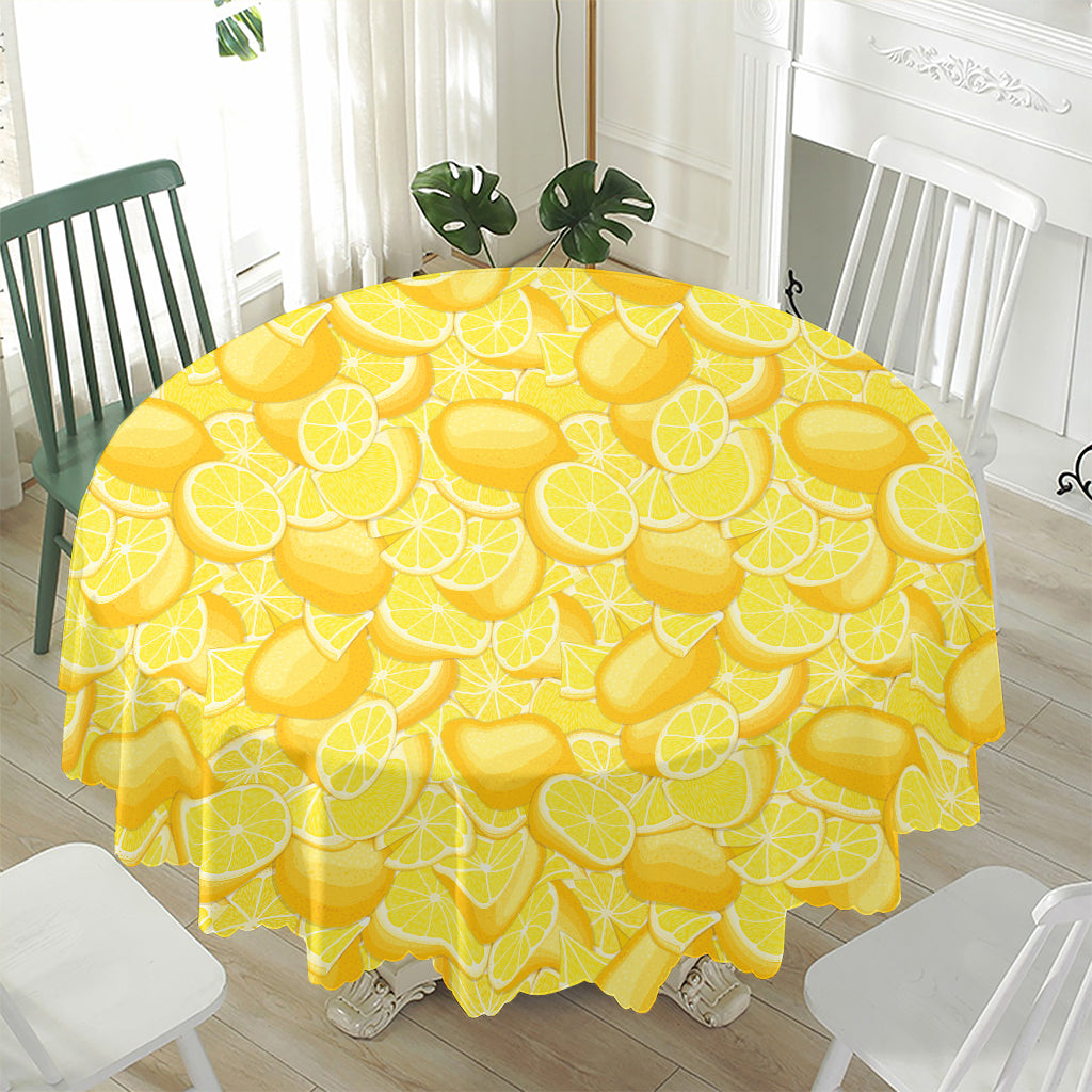 Yellow Lemon Pattern Print Waterproof Round Tablecloth