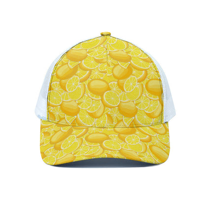 Yellow Lemon Pattern Print White Mesh Trucker Cap