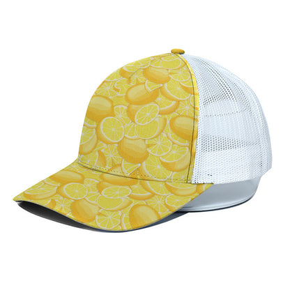 Yellow Lemon Pattern Print White Mesh Trucker Cap