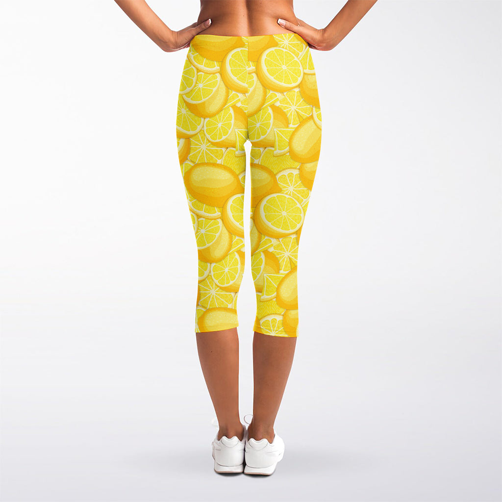 Yellow Lemon Pattern Print Women's Capri Leggings