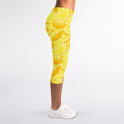 Yellow Lemon Pattern Print Women's Capri Leggings