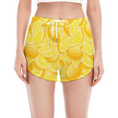 Yellow Lemon Pattern Print Women's Split Running Shorts