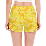 Yellow Lemon Pattern Print Women's Split Running Shorts