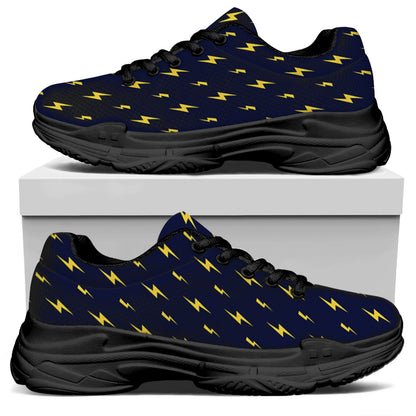 Yellow Lightning Bolts Pattern Print Black Chunky Shoes