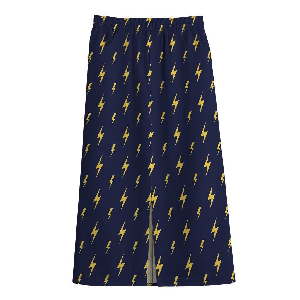 Yellow Lightning Bolts Pattern Print Cotton Front Slit Maxi Skirt