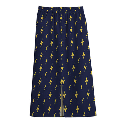 Yellow Lightning Bolts Pattern Print Cotton Front Slit Maxi Skirt
