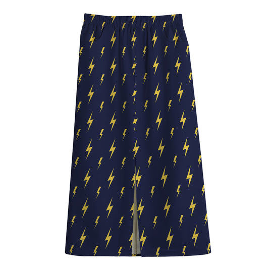 Yellow Lightning Bolts Pattern Print Cotton Front Slit Maxi Skirt