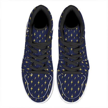 Yellow Lightning Bolts Pattern Print High Top Leather Sneakers