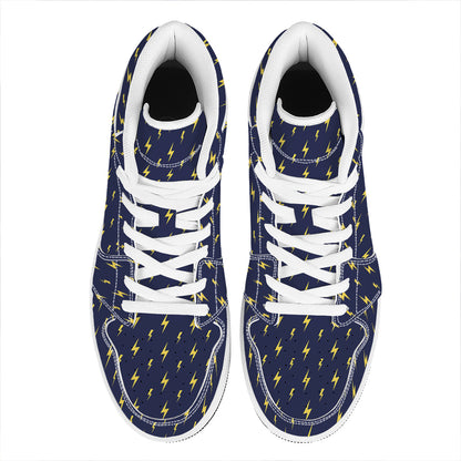 Yellow Lightning Bolts Pattern Print High Top Leather Sneakers