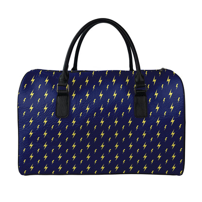Yellow Lightning Bolts Pattern Print Leather Duffle Bag