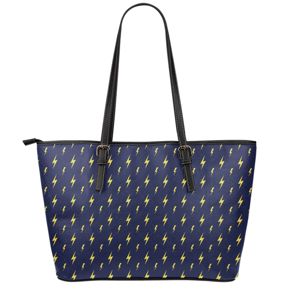 Yellow Lightning Bolts Pattern Print Leather Tote Bag