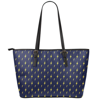 Yellow Lightning Bolts Pattern Print Leather Tote Bag