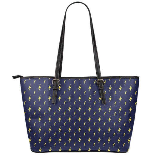 Yellow Lightning Bolts Pattern Print Leather Tote Bag