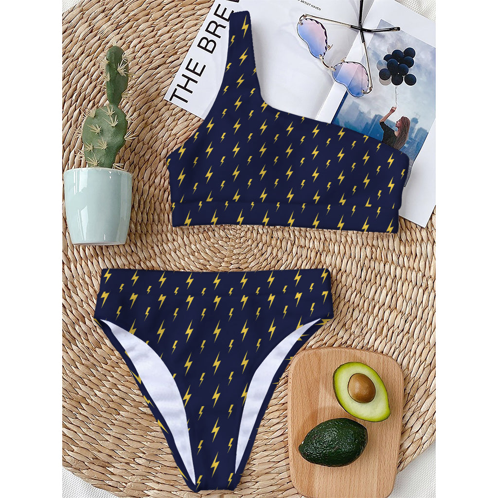 Yellow Lightning Bolts Pattern Print One Shoulder Bikini Top